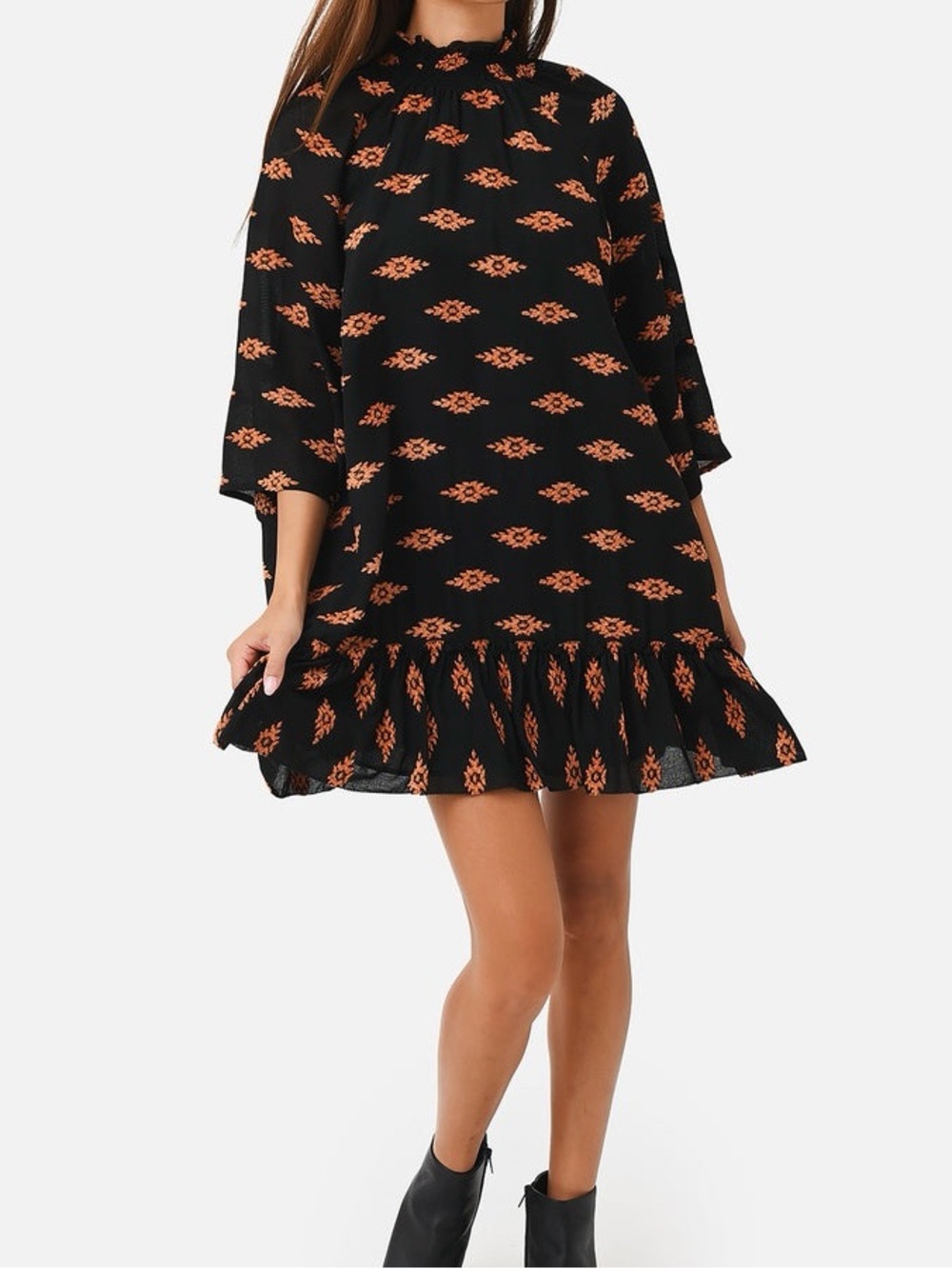 Rhode Marika Dress Black Orange Ikat Clip Jacquard Smocked Mini L